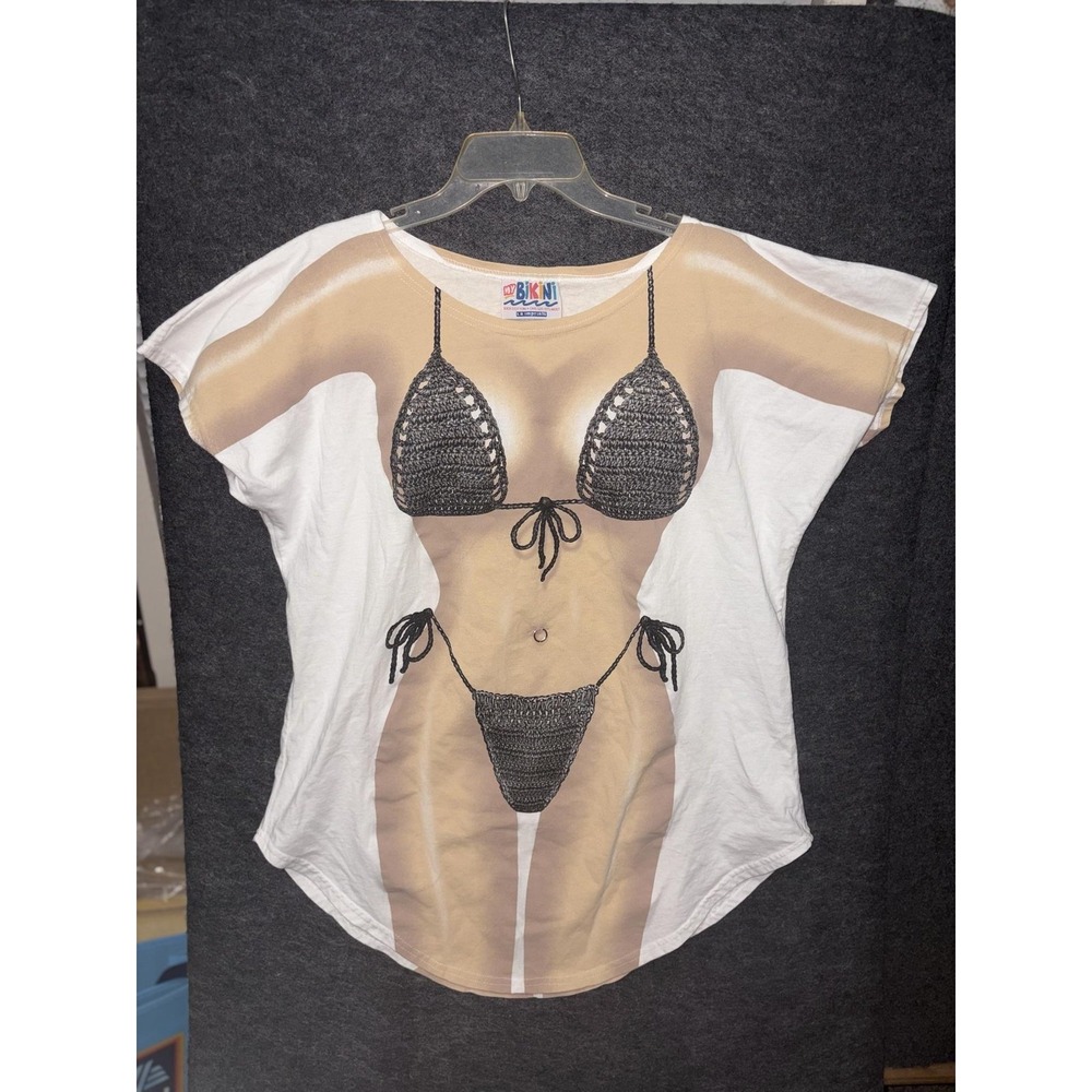 VTG My Bikini Novelty Bikini Body Illusion Beach Tee Belly Button Piercing